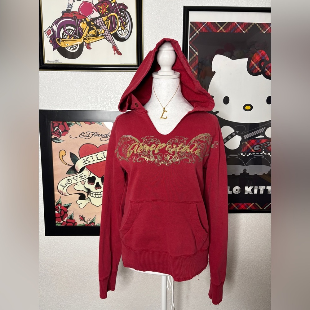 Aeropostale Red Gold Sequin Graphic Kangaroo Pocket Hoodie Y2K 2000s Fall Cyber